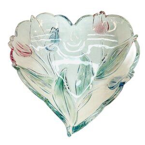 Mikasa Tivoli Crystal Serving Tray Heart Shaped W Blue Red Tulips Germany 9.5"